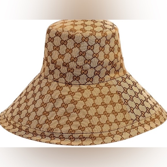 Gucci GG Bucket Hat Monogram Wide Large Brim Beige Canvas Sun Coverage Beach - Picture 11 of 16